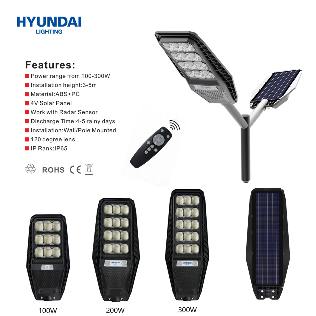 Hyundai Outdoor Solar High Power 100/200/300W Hot Sale Smart LED Street Light